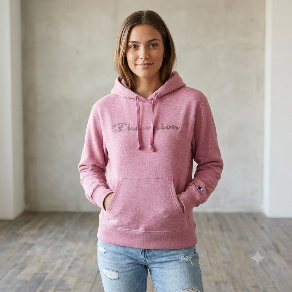 Champion Hoodie Medium Pink Pullover Sweatshirt Glitter Logo script
